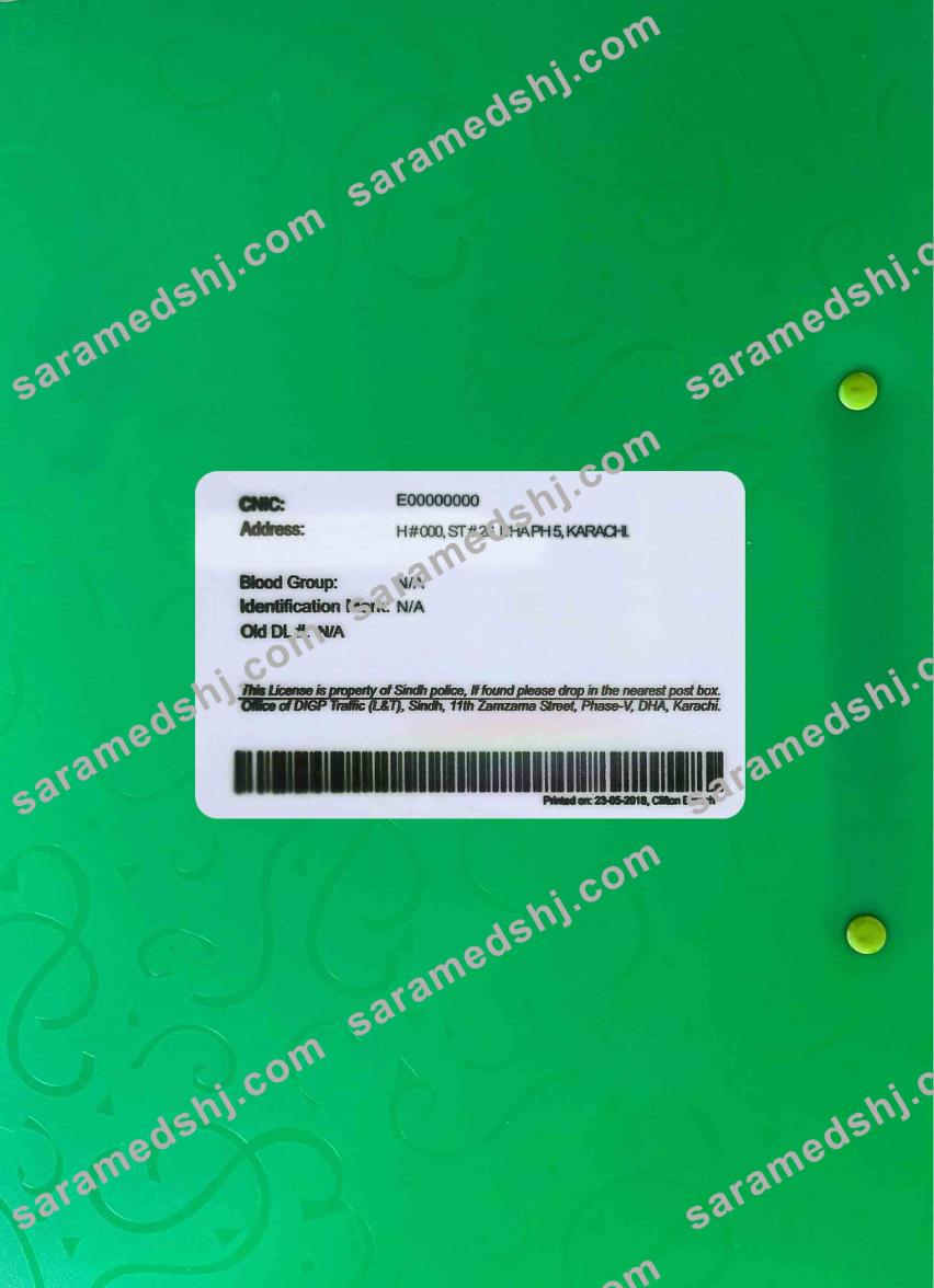 Pakistan Sindh province driving license PSD template, (old version till 2016) photolook BACK